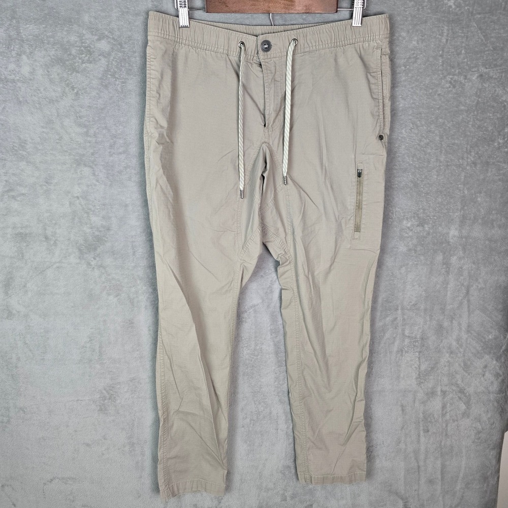 Vuori Meta Jogger Mens 34 Khaki Tan Organic Cotton Ripstop Stretch Pants Tapered